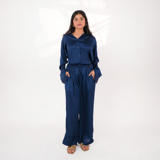 Navy Blue Crinkle Silk Co-ord Set