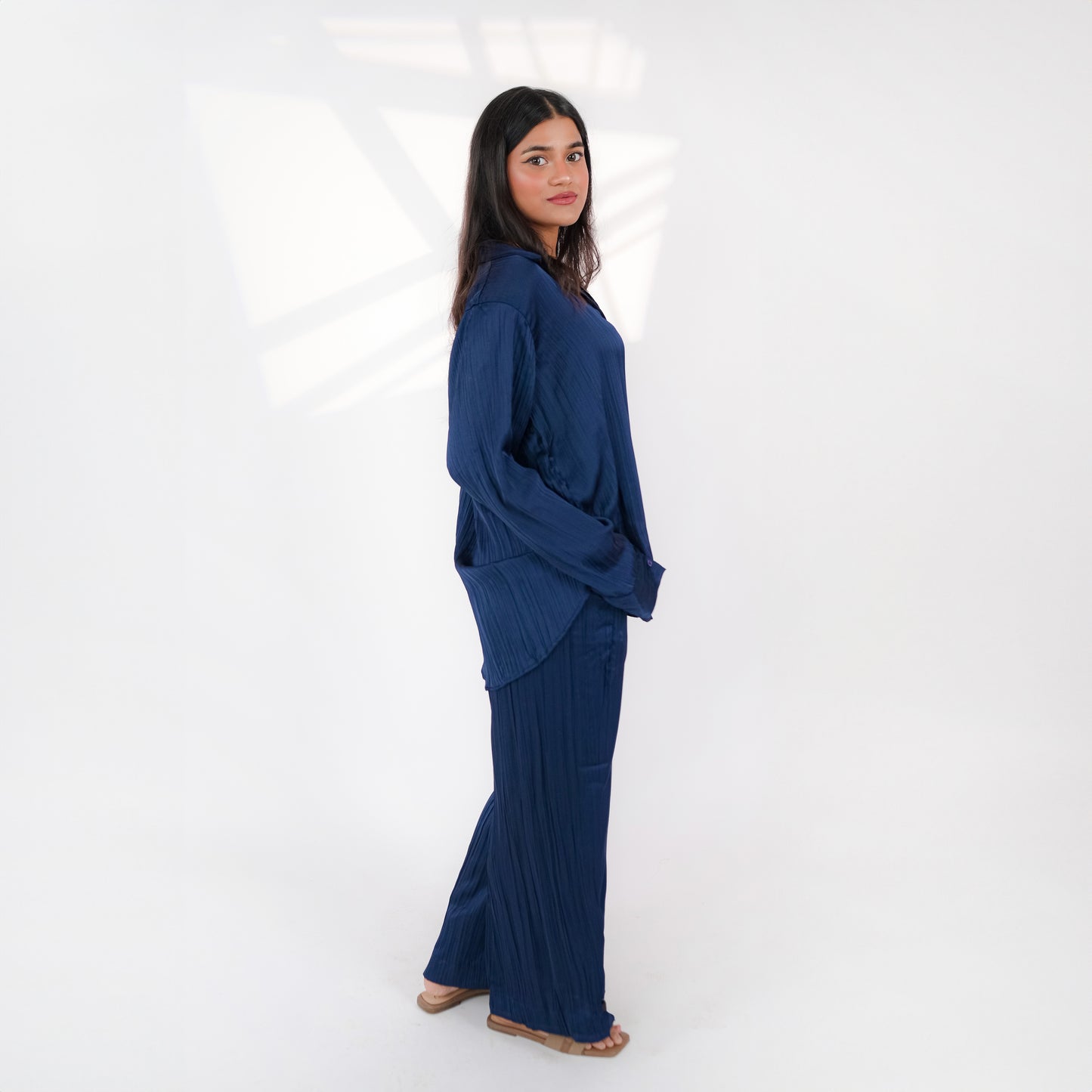 Navy Blue Crinkle Silk Co-ord Set