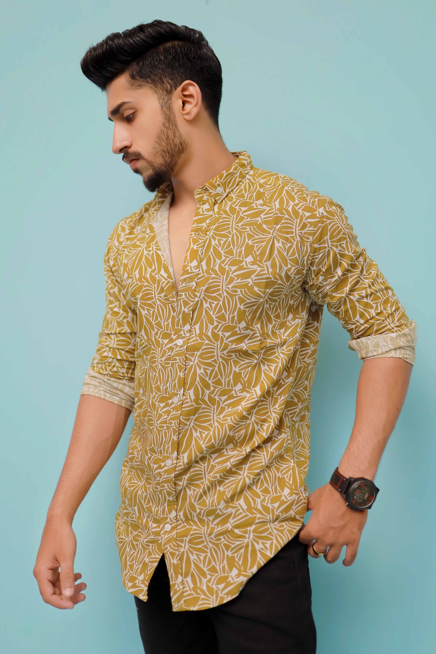 Men Mustard Floral Print Shirt