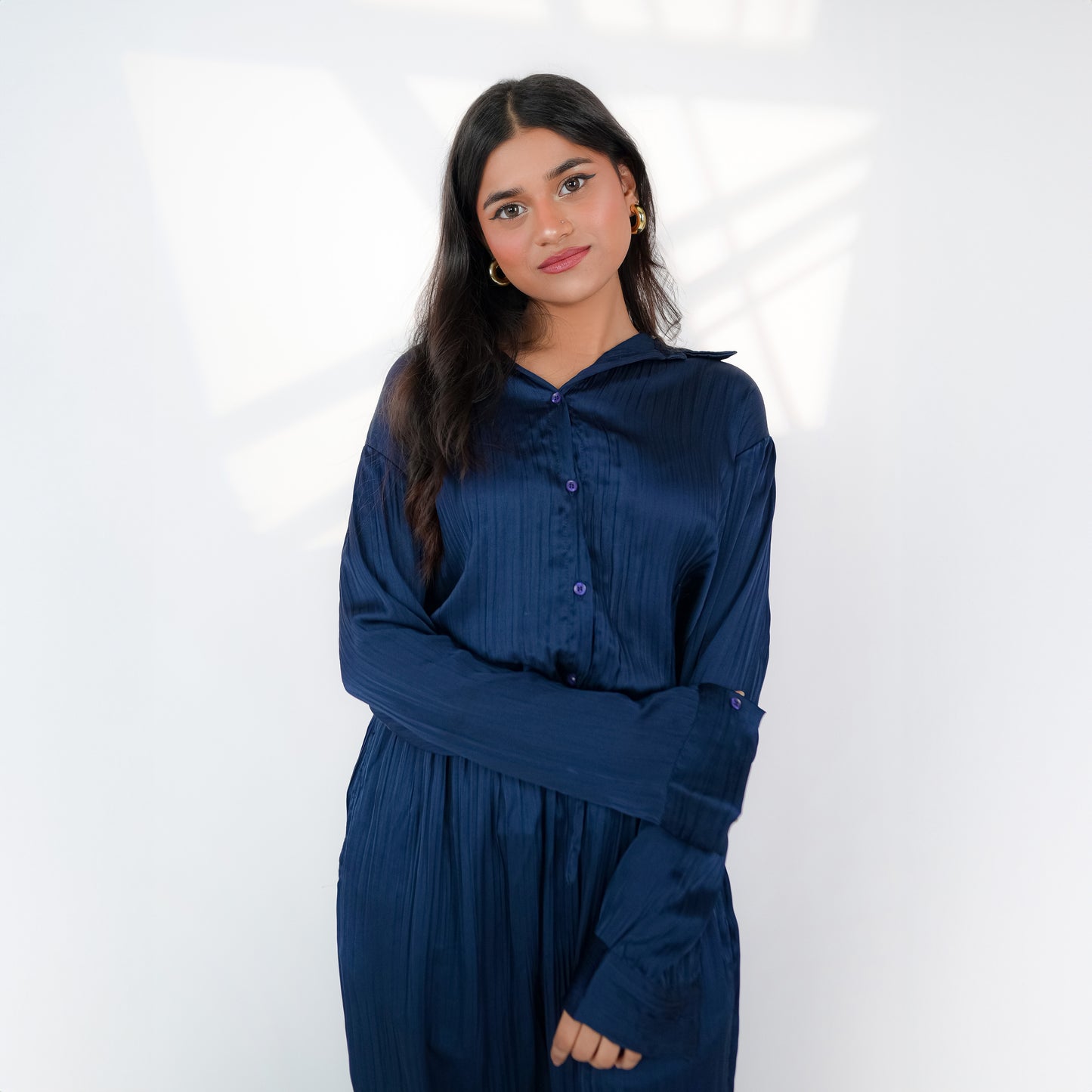 Navy Blue Crinkle Silk Co-ord Set