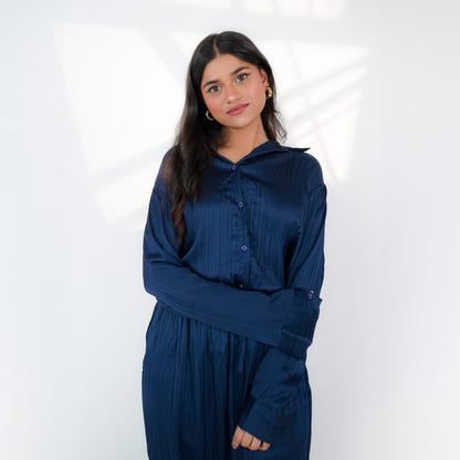 Navy Blue Crinkle Silk Co-ord Set