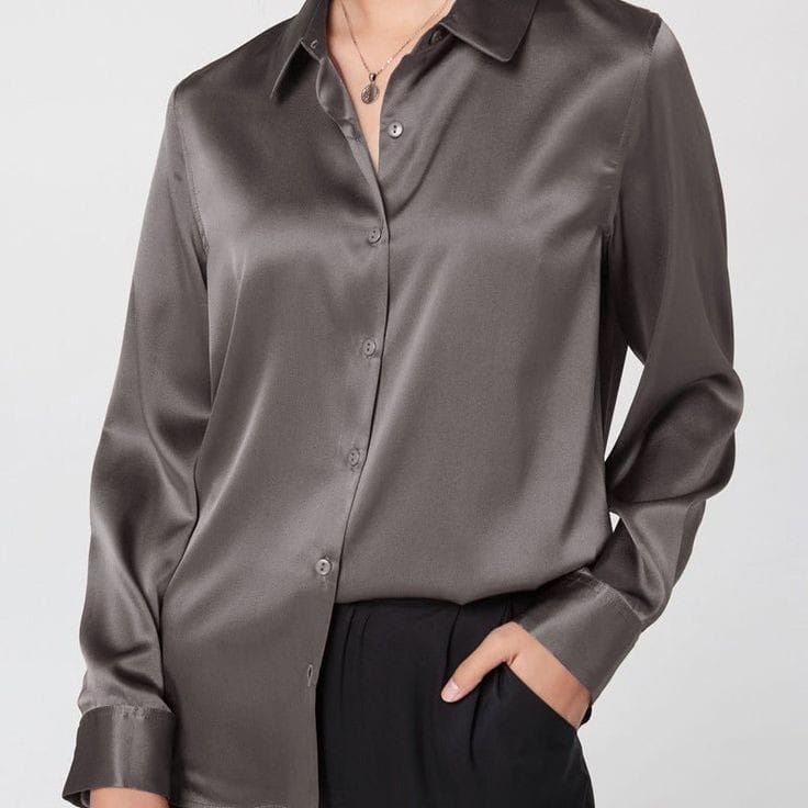 Steel Grey Silk Button-Down Top