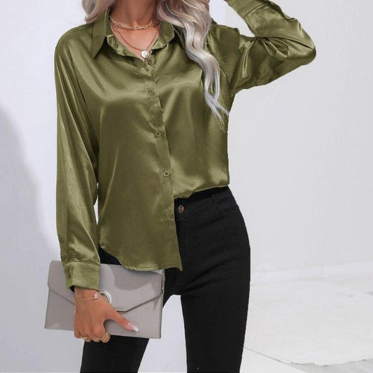 Olive Green Silk button-down top