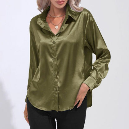 Olive Green Silk Button-Down Top