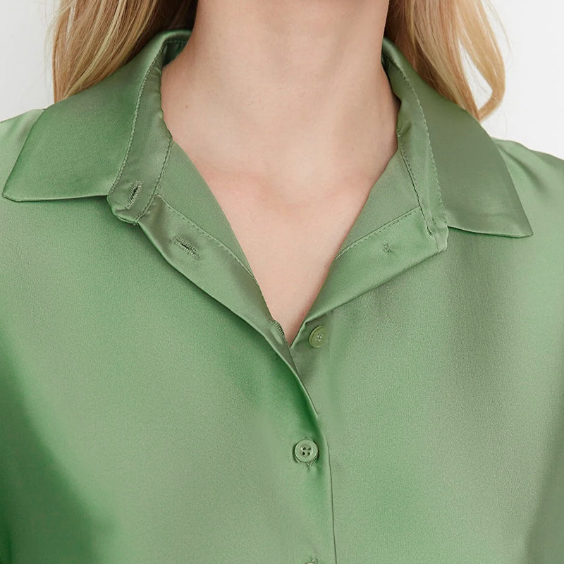 Pistachio Green  Silk Button-Down Top