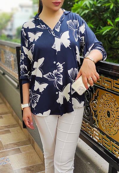 Navy Blue Floral Printed button-down Shirt