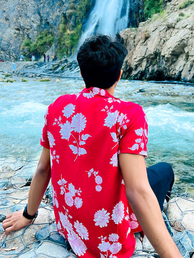 Men's Red & White Floral Printed Hawaiian Shirt