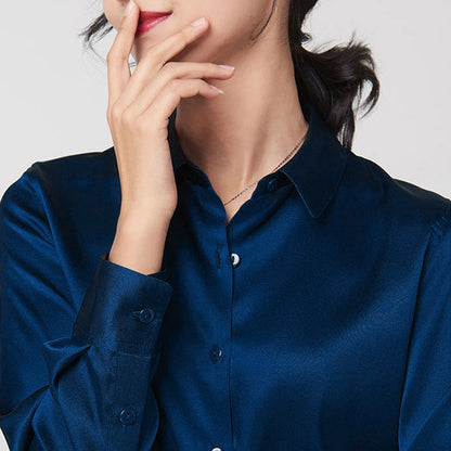 Navy Blue Silk Button-Down Top