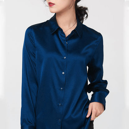 Navy Blue Silk Button-Down Top