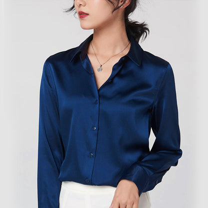 Navy Blue Silk Button-Down Top
