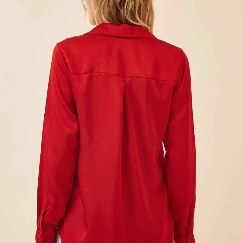 Red Silk Button-Down Top