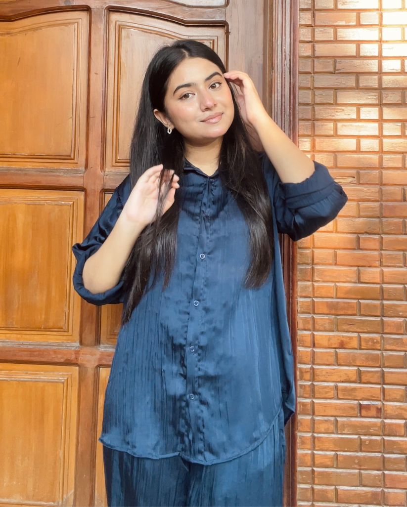 Navy Blue Crinkle Silk Co-ord Set
