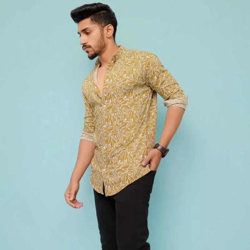 Men Mustard Floral Print Shirt