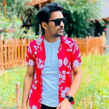 Men's Red & White Floral Printed Hawaiian Shirt