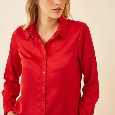 Red Silk Button-Down Top