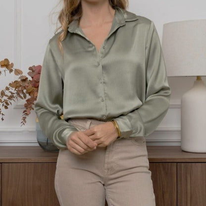 Dark Grey Silk Button-Down Top