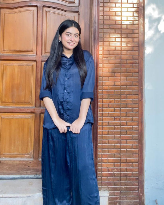 Navy Blue Crinkle Silk Co-ord Set