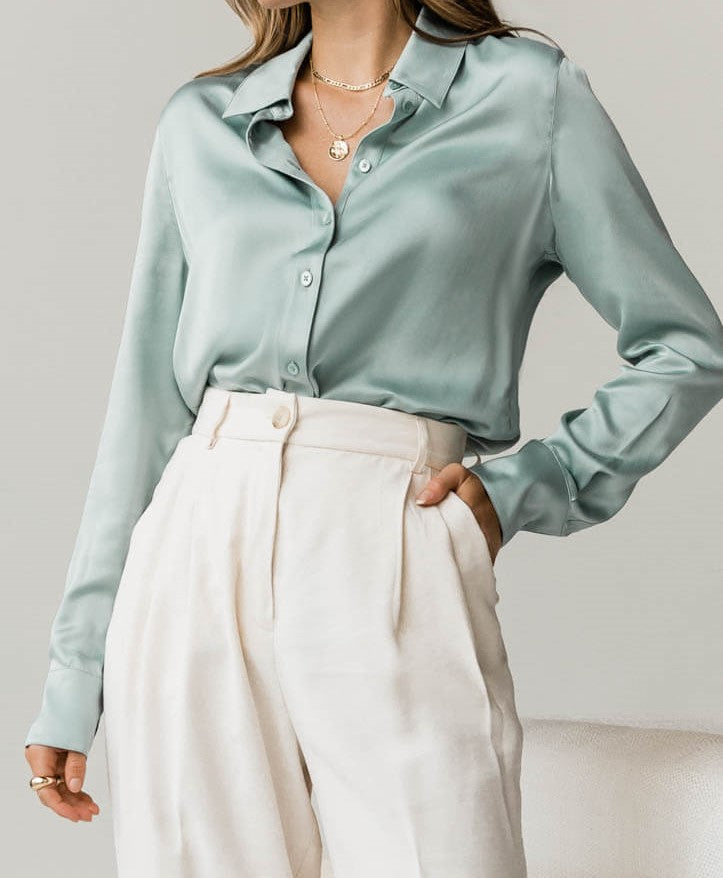 Aqua Mist Silk Delight Button-Down Top