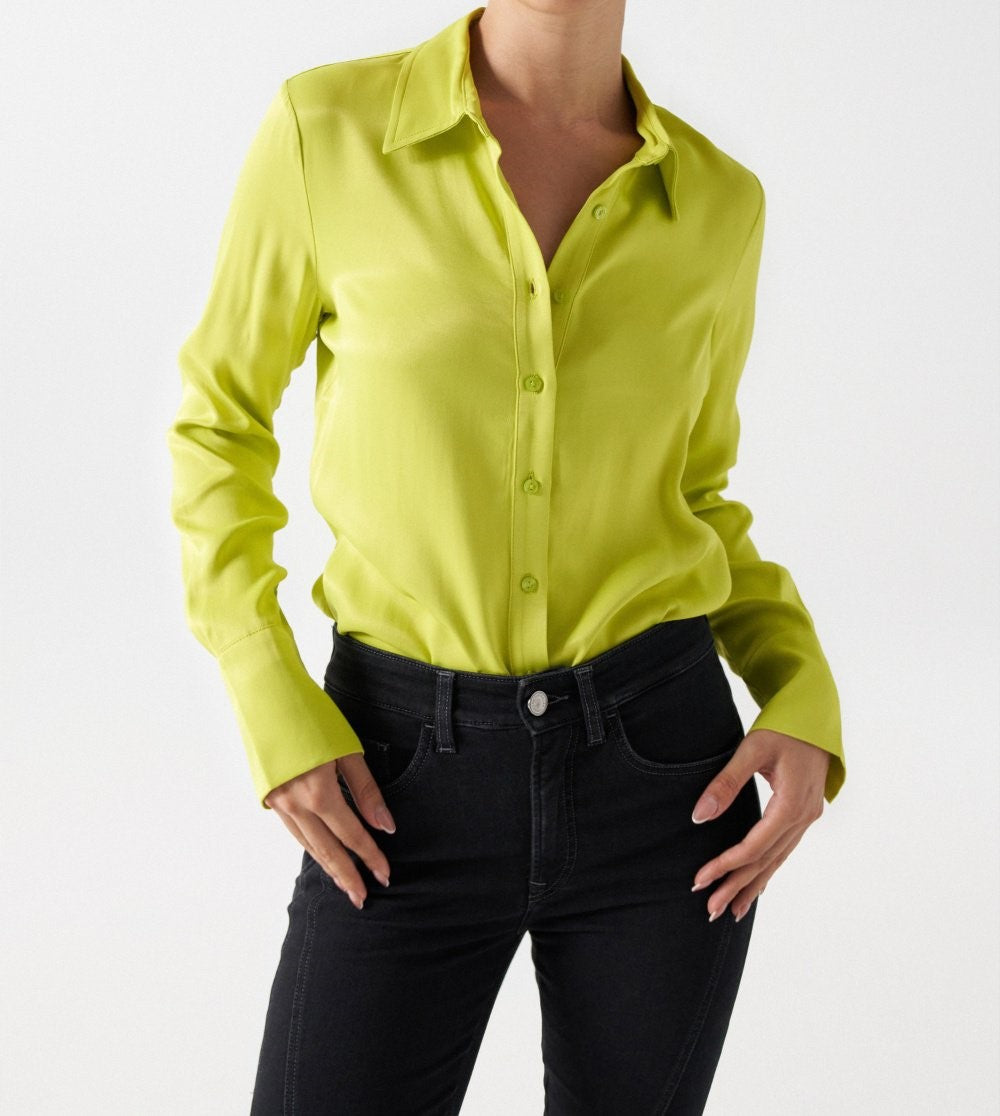 Green Winged Silk Button-Down Top