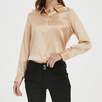 Golden Glimmer Silk Charm Button-Down Top