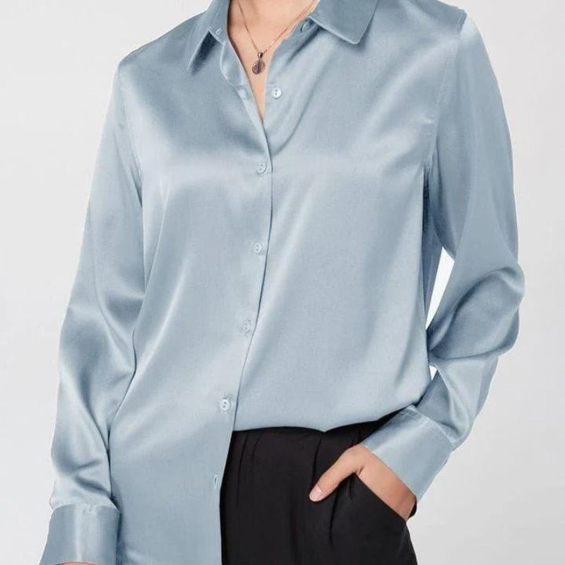 Sky Blue Silk Button-Down Top