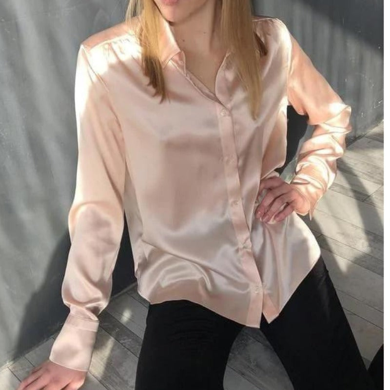 Peach Petal Silk Charm Button-Down Top