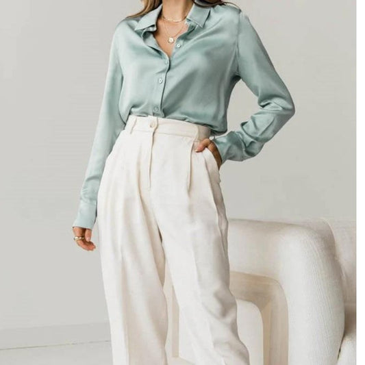 Aqua Mist Silk Delight Button-Down Top