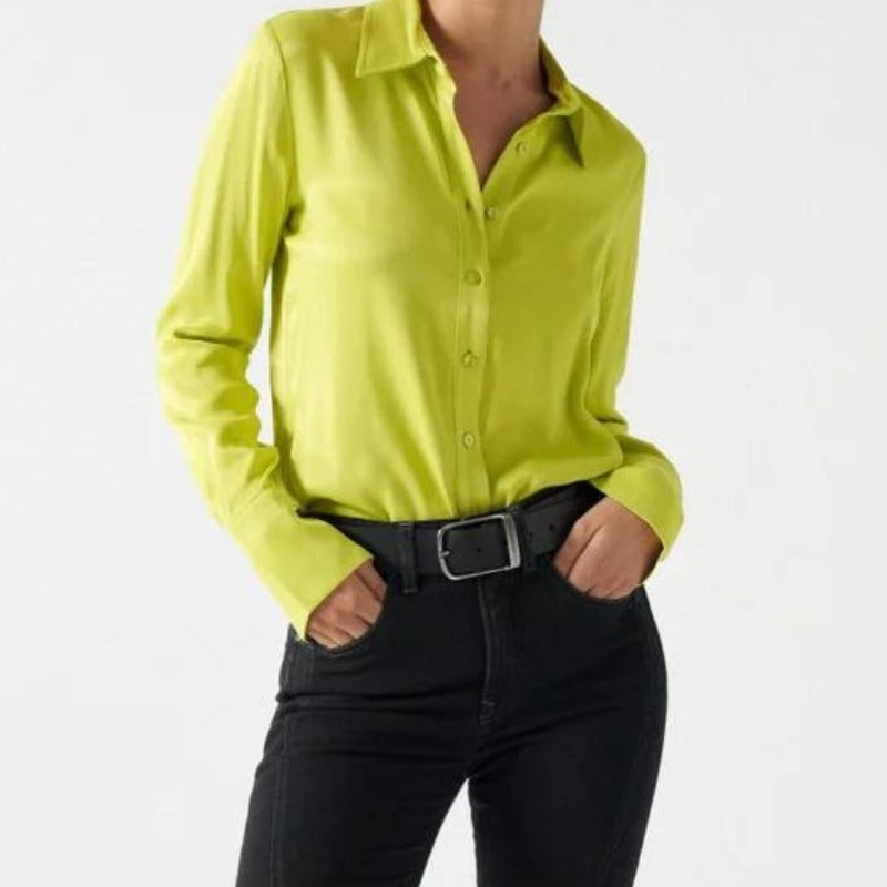 Green Winged Silk Button-Down Top