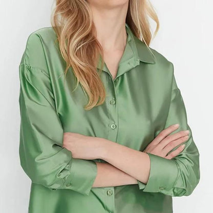 Pistachio Green  Silk Button-Down Top